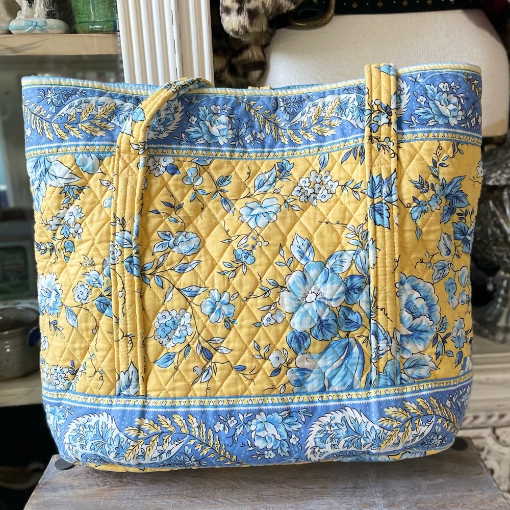 Vintage Quilted Keepers yellow & blue floral fabric tote cottage French Country - Picture 3 of 12